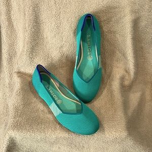 Authentic Rothy’s Flats in Emerald Green with Cobalt and Tan Accents